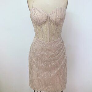Handmade Sexy Nude Pink Beaded Mini Dress